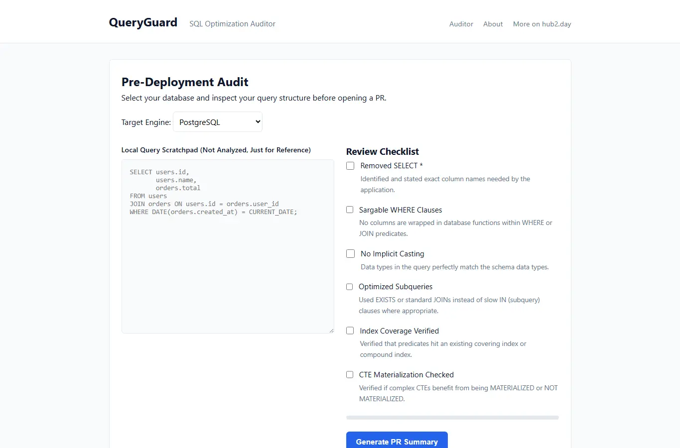 Screenshot of QueryGuard | SQL Optimization Auditor interface showing the project page in use